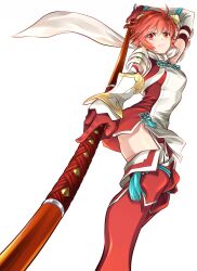 1girl absurdres armpits ass boots breasts fire_emblem fire_emblem_fates from_below gloves highres hinoka_(fire_emblem) holding holding_polearm holding_weapon japanese_clothes knee_boots looking_at_viewer medium_breasts mizunocarbona naginata nintendo panties pantyshot polearm red_boots red_eyes red_gloves red_hair red_panties short_hair solo thighs underwear upskirt weapon