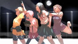 1boy 3girls arms_behind_head backpack bag black_pantyhose bow brown_bag brown_headwear closed_eyes english_text facial_mark grey_hair hand_in_pocket happy highres iizumi_rita ippotsk long_hair maid_headdress multiple_girls neckerchief open_mouth pantyhose pink_hair pixie_cut pointing pointing_up puffy_short_sleeves puffy_sleeves purple_bow purple_hair red_neckerchief red_shorts sakuragi_naruha school_uniform seike_taroumaru serafuku shirt short_hair short_sleeves shorts skull standing standing_on_one_leg suspenders thighhighs toaru_kagaku_no_railgun toaru_majutsu_no_index tongue tongue_out very_short_hair white_footwear white_thighhighs yakumaru_itsuki yellow_shirt