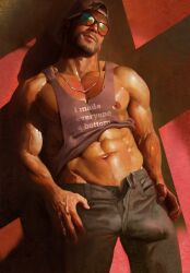 1boy abs arm_hair backwards_hat bara bare_pectorals baseball_cap beard black_pants broad_shoulders brown_hair clothes_lift collarbone commentary covered_penis english_commentary facial_hair feet_out_of_frame grand_theft_auto grand_theft_auto_vi grey_shirt hand_on_own_hip hat head_tilt highres jason_duval jewelry male_focus muscular muscular_male navel necklace nipples open_pants pants pectorals print_shirt qaisan shiny_skin shirt shirt_lift short_hair solo sparkle standing sunglasses tank_top veins veiny_hands