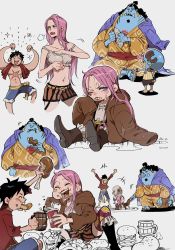 +++ 1girl 3boys aged_up animal_ears antlers antlers_through_headwear black_hair blue_skin boned_meat chest_tattoo coat coat_on_shoulders colored_skin cup dressing drink eating fangs fish_boy food food_in_mouth food_on_face fur_jacket furry furry_female height_difference helping highres holding holding_food hood hood_down horns jacket japanese_clothes jewelry_bonney jinbe_(one_piece) kimono lipstick long_hair long_sleeves looking_at_another makeup meat monkey_d._luffy mrs.custard multiple_boys multiple_views navel one_eye_closed one_piece open_clothes open_jacket open_mouth piercing pink_hair puff_of_air purple_eyes scar scar_on_chest shirt short_hair shorts simple_background sitting smile spoilers standing stomach suspenders tail tank_top tattoo tony_tony_chopper topknot topless_male very_long_hair wet wet_clothes wet_hair white_background