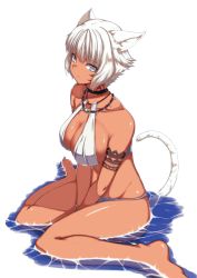 1girl animal_ears armlet bikini breasts cat_ears cat_tail choker cleavage dark-skinned_female dark_skin facial_mark final_fantasy final_fantasy_xiv grey_eyes highres jewelry kaname_nagi large_breasts looking_at_viewer miqo&#039;te neck_tattoo necklace short_hair sitting solo swimsuit tail tattoo wariza whisker_markings white_bikini white_hair y&#039;shtola_rhul