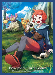 Rule 34 | 1girl, :d, aipom, arezu (pokemon), artist request, black footwear, blue border, blue shirt, blue sky, blush, border, bracelet, brown bag, copyright name, copyright notice, day, eating, food, food on face, gen 2 pokemon, gradient pantyhose, hand on ground, highres, holding, holding food, jewelry, nintendo, official art, onigiri, open mouth, outdoors, pantyhose, pokemon, pokemon (creature), pokemon legends: arceus, pokemon tcg, red eyes, red hair, rock, shirt, short hair, sitting, sky, smile, teddiursa, third-party source, tree