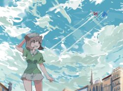 1girl aisutabetao arm_up bianca_(pokemon_heroes) blue_sky breasts brown_eyes brown_hair building cloud collared_shirt day gen_3_pokemon green_shirt grin hair_between_eyes hand_on_headwear hat highres latias latios legendary_pokemon medium_breasts miniskirt nintendo outdoors pokemon pokemon_(anime) pokemon_(classic_anime) pokemon_(creature) pokemon_heroes:_latios_&amp;_latias shirt short_hair short_sleeves skirt sky smile white_hat white_skirt