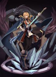 Rule 34 | 1boy, armor, blazblue, blazblue: calamity trigger, blazblue: central fiction, blazblue: chronophantasma, blazblue: continuum shift, blonde hair, boots, glacier, gloves, green eyes, hakumen, highres, holding, holding sword, holding weapon, ice, jacket, katana, kisaragi jin, looking at viewer, male focus, riyu (gauzama), solo, sword, weapon