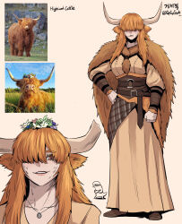 1girl absurdres animal_ears artist_name belt brown_eyes cloak creature_and_personification dirty dirty_face dress english_text facing_viewer flower_wreath freckles full_body gegegekman hair_over_eyes hair_over_one_eye hand_on_own_hip head_wreath highres horns jewelry long_hair looking_at_viewer mouth_hold necklace original personification photo-referenced photo_inset red_hair reference_inset simple_background smile solo stalk_in_mouth standing white_background