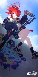 1girl absurdres ahoge ascot black_socks blue_archive blue_ascot blue_eyes blue_jacket blue_shirt double_bun gun hair_between_eyes hair_bun hayate_(1034853996) highres holding holding_gun holding_spray_can holding_weapon jacket light_machine_gun long_hair looking_at_viewer machine_gun maki_(blue_archive) open_mouth red_hair shirt shoes sidelocks socks solo teeth upper_teeth_only weapon white_shirt white_shoes