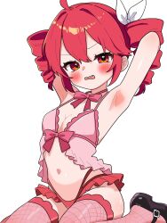 1girl aged_down ahoge armpits arms_up babydoll black_shoes blush bow bowtie breasts cleavage commentary_request drill_hair fishnet_thighhighs fishnets frilled_skirt frills hair_bow haru_maron highres kasane_teto kasane_teto_(sv) loli looking_at_viewer mary_janes medium_hair microskirt navel open_mouth pink_babydoll pink_bow pink_bowtie presenting_armpit red_eyes red_hair red_skirt red_thighhighs shoes simple_background sitting skirt small_breasts solo stomach synthesizer_v teeth thighhighs twin_drills upper_teeth_only utau wariza white_background white_bow