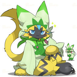 ! blue_eyes blush claws commentary_request cosplay floragato floragato_(cosplay) gen_7_pokemon hood hood_up hoodie legendary_pokemon looking_at_another looking_at_viewer mythical_pokemon nintendo pokemon pokemon_(creature) sitting smile sparkle taro_(tontaro) translation_request whiskers white_background zeraora