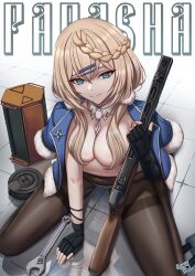 1girl absurdres black_gloves blonde_hair blue_eyes braid breasts caiman_pool character_name cleavage covered_navel fingerless_gloves freckles from_above full_body girls&#039;_frontline girls&#039;_frontline_2:_exilium gloves gun hair_between_eyes hair_ornament hairclip highres holding holding_gun holding_weapon jacket jacket_on_shoulders long_hair looking_at_viewer looking_up medium_breasts naked_jacket no_bra no_pants pantyhose papasha_(girls&#039;_frontline_2) ppsh-41 ppsh-41_(girls&#039;_frontline) reflection reflective_floor single_braid smile solo spread_legs submachine_gun thighs twintails weapon wrench