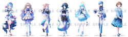 &gt;:) 1boy 6+girls :d absurdres animal_ears aoka_mamiya arm_up bag bare_shoulders beret black_hair black_shirt black_shoes black_shorts black_vest blue_eyes blue_flower blue_hair blue_hat blue_jacket blue_pants blue_rose blue_shoes blue_skirt blush bodysuit bodysuit_under_clothes boots bow braid breasts brown_eyes brown_hair brown_ribbon brown_sandals cat_ears cat_girl cat_tail character_request closed_mouth collared_shirt commentary_request covered_navel crescent dress ear_piercing earrings fins fish_tail flower gloves gokuraku_yago grey_hair grin hair_between_eyes hair_intakes hair_over_one_eye hair_ribbon halo hand_on_own_hip hand_up hat heterochromia highres indie_virtual_youtuber interlocked_fingers ittokyu jacket jewelry juliet_sleeves kuzirano_aika long_hair long_sleeves looking_at_viewer medium_breasts multicolored_hair multiple_girls off-shoulder_dress off_shoulder official_art open_clothes open_jacket open_mouth own_hands_together pants pantyhose piercing pleated_skirt power_symbol puffy_dress puffy_long_sleeves puffy_sleeves purple_bodysuit purple_eyes purple_gloves purple_hair purple_skirt red_eyes red_hair ribbon rose sample_watermark sandals shirt shoes short_eyebrows short_hair short_shorts shorts shoulder_bag simple_background skirt smile standing standing_on_one_leg star_(symbol) streaked_hair tail thick_eyebrows thighhighs two-tone_hair v-shaped_eyebrows very_long_hair vest virtual_youtuber w watermark white_background white_boots white_bow white_dress white_jacket white_pants white_pantyhose white_shirt white_shoes white_skirt white_thighhighs wide_sleeves wrist_cuffs yunami_toiro