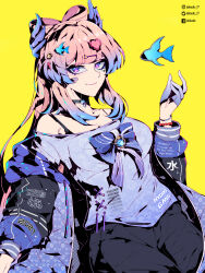 1girl 2021 absurdres bandaid bandaid_on_face bee_hair_ornament black_choker black_pants blue_bow blue_gemstone blue_gloves blue_hair blue_shirt bow bow-shaped_hair bra_strap bracelet breasts choker clothes_writing colored_tips defaultz facial_mark fish_hair_ornament gem genshin_impact gloves hair_ornament heart heart_facial_mark heart_hair_ornament highres horns jacket jewelry medium_breasts multicolored_hair off_shoulder pants pink_hair purple_eyes sangonomiya_kokomi shirt solo twitter_username yellow_background