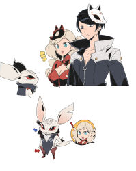 ! 1girl 2boys agata120 black_hair blonde_hair bodysuit breasts cleavage closed_mouth crossover fox_mask heismay_(metaphor:_refantazio) highres kitagawa_yuusuke large_breasts mask mask_on_head metaphor:_refantazio multiple_boys notice_lines open_mouth persona persona_5 red_bodysuit red_mask red_scarf scarf simple_background takamaki_anne white_background white_mask
