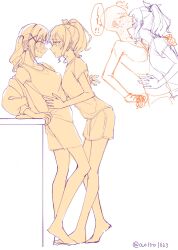Rule 34 | 2girls, aoiro1623, bang dream!, barefoot, blush, closed mouth, commentary request, eye contact, hair ornament, hairclip, hand on another&#039;s waist, highres, ichigaya arisa, long hair, looking at another, monochrome, multiple girls, parted lips, ponytail, short sleeves, shorts, sweat, tank top, twintails, twitter username, yamabuki saya, yuri