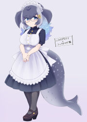 1girl alternate_costume anchor_hair_ornament apron black_dress blowhole blue_eyes blue_hair blue_whale_(kemono_friends) blush breasts cetacean_tail dorsal_fin dress enmaided fins fish_tail frilled_apron frills glasses grey_hair hair_ornament head_fins highres japari_symbol kemono_friends kkkkkenzen large_breasts long_hair looking_at_viewer maid maid_apron maid_headdress multicolored_hair pantyhose simple_background smile solo tail waist_apron whale_girl white_apron