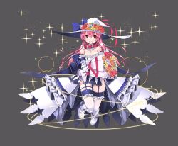 Rule 34 | 1girl, absurdres, bare shoulders, blue bow, blush, boots, bouquet, bow, breasts, cleavage, collar, detached sleeves, dress, earrings, flower, full body, garter straps, gloves, hat, highres, jewelry, kai-ri-sei million arthur, large hat, long hair, looking at viewer, million arthur (series), necklace, nimue (kaku-san-sei million arthur), open mouth, pink eyes, pink hair, refeia, smile, solo, thighhighs, thighs, very long hair, white boots, white hair, white thighhighs, witch hat