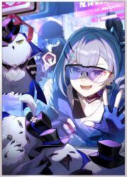 1boy 1girl :d against_glass arcade beanie bird black_hat blade_(honkai:_star_rail) blue_gloves border collarbone crossed_bangs fingerless_gloves gloves goggles grey_eyes grey_hair hair_ornament hairpin hand_on_glass hat highres honkai:_star_rail honkai_(series) official_art one_eye_closed open_mouth owl owlbert_(honkai:_star_rail) ponytail silver_wolf_(honkai:_star_rail) smile solo_focus spoken_character stuffed_animal stuffed_toy third-party_source upper_body white_border