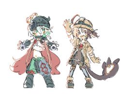 Rule 34 | 2girls, ahoge, arm up, blonde hair, brown hair, brown jacket, cape, cecilia immergreen, check commentary, commentary, commentary request, cosplay, cropped shirt, fake horns, full body, gigi murin, gloves, green eyes, helmet, highres, hololive, hololive english, horned helmet, horns, jacket, korean commentary, looking at viewer, made in abyss, mechanical arms, multicolored hair, multiple girls, navel, open clothes, open jacket, open mouth, outstretched arms, pink eyes, puffy shorts, pulle 282, red cape, reg (made in abyss), reg (made in abyss) (cosplay), riko (made in abyss), riko (made in abyss) (cosplay), shirt, shoes, short hair, shorts, simple background, smile, standing, tail, teeth, twintails, two-tone hair, upper teeth only, virtual youtuber, whistle, whistle around neck, white background, white hair, winding key