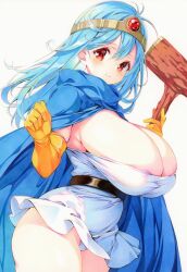 belt blue_cloak blue_hair breasts circlet cleavage cloak commentary_request dragon_quest dragon_quest_iii dress elbow_gloves gem gloves holding holding_staff huge_breasts long_hair looking_at_viewer marker_(medium) nipple_slip nipples orange_gloves panties red_eyes red_gemstone sage_(dq3) sideboob simple_background smile staff standing thingtng_(sgma7424) traditional_media underwear white_background white_dress white_panties