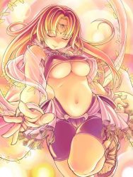 1girl arabian_clothes blush breasts bridal_gauntlets brown_hair cleavage closed_eyes dancer dancer_(ragnarok_online) earrings halterneck harem_outfit jewelry large_breasts long_hair looking_at_viewer midriff mil_(xration) navel pink_footwear pink_shirt pink_shorts ragnarok_online sandals shirt shorts showgirl_skirt smile source_request standing underboob veil