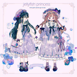 2girls ankle_socks bag black_bow black_bowtie black_hair black_shoes blunt_bangs bow bow_legwear bowtie braid brown_hair chinese_commentary classic_lolita cloud_print collared_shirt commentary_request crescent_print double-parted_bangs dress english_text expressionless flower footwear_bow footwear_flower frilled_dress frilled_headwear frilled_shirt frilled_sleeves frills full_body hair_bow handbag hat hat_bow highres holding_hands jellyfish lace lace-trimmed_dress lace_trim loafers lolita_fashion long_dress long_hair long_sidelocks long_sleeves looking_ahead looking_at_another mary_janes mob_cap multiple_braids multiple_girls multiple_hair_bows original picture_frame pink_bag postcard puffy_long_sleeves puffy_sleeves purple_background purple_bag purple_dress purple_flower purple_hat purple_ribbon purple_socks purple_theme putong_xiao_gou ribbon shirt shirt_under_dress shoes sidelocks simple_background socks starry_sky_print tape very_long_hair white_hat white_shirt
