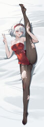 Rule 34 | 1girl, absurdres, ahegao, ahoge, armpits, bare shoulders, black pantyhose, blue eyes, blush, breasts, chinese commentary, commentary request, double v, full body, hairband, heart, heart-shaped pupils, highres, jewelry, large breasts, leg lift, leg up, leotard, looking at viewer, lying, no shoes, on back, on bed, open mouth, pantyhose, pink pupils, pugongying, qq dance, red hairband, red leotard, short hair, sleeveless, solo, split, symbol-shaped pupils, tongue, tongue out, torn clothes, torn pantyhose, v, white hair, xingtong