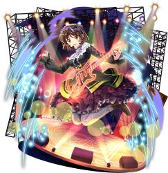 1girl :d alternate_costume black_dress boots brown_boots brown_eyes brown_hair commentary copyright_name dress electric_guitar full_body game_cg guitar highres holding holding_instrument idol instrument long_sleeves looking_at_viewer mask mask_on_head official_art open_mouth rotte_(1109) short_hair smile solo stage stage_lights third-party_source touhou touhou_lostword transparent_background tsukumo_yatsuhashi tsukumo_yatsuhashi_(rebel_koto_guitarist)