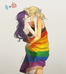2girls apple applejack applejack_(equestria_girls) blonde_hair commentary couple english_commentary food fruit gem_(symbol) hand_on_another&#039;s_back hand_on_another&#039;s_face hand_on_another&#039;s_head highres kiss lgbt_pride long_hair low-tied_long_hair multiple_girls my_little_pony my_little_pony:_equestria_girls my_little_pony:_friendship_is_magic purple_hair rainbow_flag rarity_(equestria_girls) rarity_(my_little_pony) simple_background tan tcn_tancha tumblr_username yuri