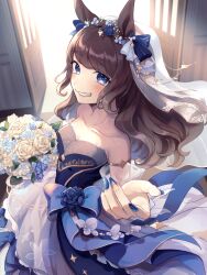 Rule 34 | 1girl, alternate costume, alternate hairstyle, blue eyes, blush, breasts, bridal veil, brown hair, cleavage, closed mouth, collarbone, commentary request, commission, door, dress, fingernails, flower, grin, hair between eyes, hair ornament, highres, looking at viewer, reaching, reaching towards viewer, sekiyu inu, skeb commission, smile, solo, tosen jordan (umamusume), umamusume, veil, wedding dress