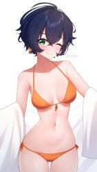 1girl alternate_costume bare_shoulders belle_(zenless_zone_zero) bikini blue_hair blush breasts commentary_request cowboy_shot crossed_bangs front-tie_bikini_top front-tie_top green_eyes hair_between_eyes highres keipup looking_at_viewer medium_breasts mihoyo navel one_eye_closed short_hair side-tie_bikini_bottom simple_background solo stomach swimsuit white_background zenless_zone_zero