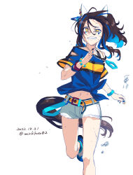 Rule 34 | 1girl, animal ears, bead bracelet, beads, belt, blue hair, blue shirt, blue shoes, bracelet, brown hair, clenched teeth, clothing cutout, colored inner hair, commentary request, cutoffs, daitaku helios (umamusume), dated, ear covers, half-closed eye, highres, horse ears, horse girl, horse tail, jewelry, multicolored hair, navel, necklace, running, shirt, shoes, short shorts, short sleeves, shorts, solo, sweat, tail, takuzui, teeth, tied shirt, twitter username, two-tone hair, umamusume, white background, white shorts, wristband, yellow eyes