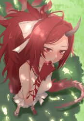 1girl absurdres aoidelan9 bare_arms bare_shoulders benjamin_1kt blue_archive blush closed_mouth dragon_girl dragon_tail forehead hair_ribbon highres horns long_hair looking_at_viewer parted_lips ponytail red_eyes red_hair red_sailor_collar renge_(blue_archive) ribbon sailor_collar sandals shirt sidelocks single_horn skirt sleeveless sleeveless_shirt solo tail white_ribbon white_shirt white_skirt