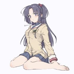 Rule 34 | 1girl, barefoot, blue skirt, clannad, full body, hair bobbles, hair ornament, highres, hikarizaka private high school uniform, ichinose kotomi, jacket, long hair, nyan o2, pleated skirt, purple eyes, purple hair, sailor collar, school uniform, simple background, sitting, skirt, solo, two side up, wariza, white background, white sailor collar, yellow jacket