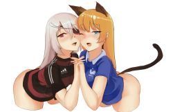 10s 2014_fifa_world_cup 2girls animal_ears ass bad_id blue_eyes blush bottomless cheek-to-cheek cropped_legs eyepatch france germany holding_hands heads_together infinite_stratos interlocked_fingers jsut-tan kuso_otoko laura_bodewig long_hair multiple_girls noccu one_eye_closed orange_hair original red_eyes silver_hair soccer soccer_jersey soccer_uniform sportswear tail world_cup