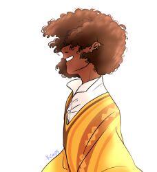 Rule 34 | 1boy, afro, argyle clothes, argyle jacket, brown hair, buttons, camilo madrigal, collared shirt, commentary, dark-skinned male, dark skin, derivative work, dress shirt, encanto, english commentary, floating hair, from side, grin, hair over eyes, happy, jacket, k-chips, male focus, nostrils, pointy nose, screenshot redraw, shirt, short hair, signature, simple background, smile, solo, sweater jacket, upper body, v-neck, very dark skin, white background, white shirt, yellow jacket