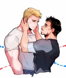 2boys anzumame beard black_shirt blonde_hair blue_eyes blue_pants blush brown_eyes brown_hair captain_america_(series) closed_mouth commentary_request crew_neck cropped_torso eye_contact facial_hair fingernails hands_on_another&#039;s_face iron_man_(series) korean_commentary looking_at_another male_focus marvel multiple_boys pants shirt short_sideburns short_sleeves smile steve_rogers sweatpants thick_eyebrows tight_clothes tony_stark white_background white_shirt yaoi