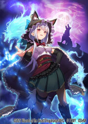 Rule 34 | 1girl, aura, black boots, black cape, black gloves, black hood, boots, bow, bowtie, breasts, cape, copyright notice, duel masters, duel masters play&#039;s, elbow gloves, frilled hood, frills, from below, full moon, gloves, gradient background, green skirt, grey hair, highres, hood, long hair, looking at viewer, looking down, luca (duel masters), medium breasts, miyamoto satoru, moon, nail polish, official art, open mouth, pantyhose, pink nails, pointing, pointing at viewer, red bow, red bowtie, red eyes, shirt, skirt, skull, sleeveless, sleeveless shirt, solo, tail, teeth, thigh strap, upper teeth only, white shirt, wolf, wolf hood, wolf tail
