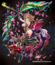 Rule 34 | 1girl, animal ear fluff, animal ears, arrow (projectile), bow (weapon), breasts, brown hair, cat ears, cat girl, cat tail, copyright notice, fang, feuille (z/x), full body, gloves, green eyes, highres, holding, holding bow (weapon), holding weapon, hori airi, navel, official art, petals, purple gloves, quiver, solo, tail, underboob, weapon, z/x