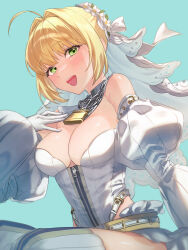 Rule 34 | 1girl, ahoge, bare shoulders, belt, blonde hair, blush, bodysuit, breasts, bridal veil, chain, cleavage, detached sleeves, fate/extra, fate/extra ccc, fate/grand order, fate (series), flower, flower wreath, gloves, green eyes, hair intakes, head wreath, highres, hijiri (sacra 0419), large breasts, leotard, lock, looking at viewer, loose belt, nero claudius (bride) (fate), nero claudius (fate), open mouth, padlock, padlocked collar, smile, solo, thighhighs, veil, white bodysuit, white gloves, white leotard, zipper