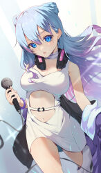 absurdres aqua_hair breasts headphones headphones_around_neck highres holding holding_microphone kuronyan9630 microphone monster_strike multicolored_hair navel neo_(monster_strike) pink_hair power_symbol-shaped_pupils symbol-shaped_pupils