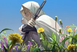 1boy blonde_hair blue_eyes blue_sky cloak day flower highres holding holding_sword holding_weapon hood hood_up hooded_cloak hugging_own_legs kamamesi_is_god katana knees_up male_focus outdoors shirt sky solo sword touken_ranbu weapon yamanbagiri_kunihiro