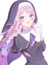 1girl :d absurdres alternate_costume black_dress black_veil blue_eyes blush braid citlali_(genshin_impact) commentary_request dress facial_mark forehead_mark genshin_impact gloves guimpe hands_up highres interlocked_fingers kokoaji_(koko_aj1) long_hair long_sleeves looking_at_viewer nun open_mouth own_hands_together pink_hair pink_pupils simple_background smile solo traditional_nun triangle triangle_facial_mark twin_braids upper_body veil very_long_hair white_background white_gloves