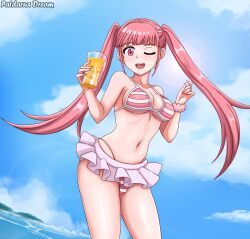1girl alternate_costume artist_name bare_shoulders bikini blue_sky breasts cleavage cloud collarbone day drink female_focus fire_emblem fire_emblem:_three_houses highres hilda_valentine_goneril holding holding_drink large_breasts looking_at_viewer matching_hair/eyes navel nintendo one_eye_closed open_mouth outdoors patdarux pink_eyes pink_hair sky smile solo striped_bikini striped_clothes swimsuit teeth twintails upper_teeth_only wink