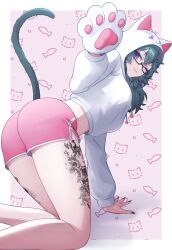 1girl absurdres animal_ear_hood animal_hands animal_print aruna_reaver ass black_nails blue_eyes breasts cat_print cat_tail closed_mouth eyelashes fake_animal_ears fish_print glasses green_hair highres hood hoodie indie_virtual_youtuber leg_tattoo looking_back one_eye_closed pink_shorts pome0826 second-party_source semi-rimless_eyewear shorts solo tail tattoo virtual_youtuber white_hoodie