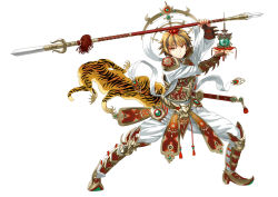 1girl alternate_costume armor bishamonten bishamonten&#039;s_pagoda bishamonten_(cosplay) blonde_hair boots brown_eyes cosplay embellished_costume female_focus fighting_stance full_body greaves hair_ornament knee_boots pelt polearm sheath sheathed short_hair simple_background solo spear sword toramaru_shou touhou tsurui weapon white_background