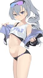1girl :i absurdres arched_back black_panties black_sports_bra breasts collarbone cowboy_shot crop_top cropped_jacket crossed_bangs drill_hair drill_ponytail expressionless fingerless_gloves gloves goggles goggles_on_head grey_eyes grey_hair groin hair_between_eyes hair_ornament hairclip highres honkai:_star_rail honkai_(series) jaihu long_hair looking_at_viewer navel panties partially_undressed petite removing_jacket shirt silver_wolf_(honkai:_star_rail) simple_background single_strap small_breasts solo sports_bra standing stomach thighs underwear white_background white_shirt