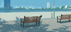 Rule 34 | akasa tanaha (user uhrn4435), apartment, bench, building, city, dappled sunlight, highres, no humans, original, painting (medium), park bench, path, road, scenery, shadow, shore, skyline, skyscraper, sunlight, tile floor, tiles, traditional media, utility pole, water