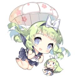 2girls :d bare_legs blue_eyes blue_hairband blue_sailor_collar blue_skirt blunt_bangs blush blush_stickers bow bow_hairband brown_dress brown_shoes chest_harness chibi dress fairy_(girls&#039;_frontline) falling floating_hair full_body girls&#039;_frontline green_hair hair_bow hairband harness holding long_hair looking_at_viewer multiple_girls neck_ribbon official_art open_mouth parachute parachute_fairy_(girls&#039;_frontline) pink_ribbon ribbon sailor_collar saru shirt shoes simple_background skirt sleeveless sleeveless_shirt slit_pupils smile third-party_source transparent_background white_bow white_shirt |_|