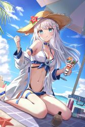 absurdres alternate_costume beach blue_eyes blush breasts chacha_zo cleavage closed_mouth collarbone food grey_hair hair_between_eyes hair_ornament hat highres indie_virtual_youtuber jacket jewelry long_hair looking_at_viewer nagino_mashiro navel necklace ocean parfait swimsuit virtual_youtuber