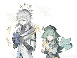 Rule 34 | 1boy, 1girl, animal ears, black gloves, closed eyes, elbow gloves, fox ears, fox girl, gloves, green eyes, green hair, grey hair, halo, halo behind head, hashtag-only commentary, head wings, highres, holding, honkai: star rail, honkai (series), huohuo (honkai: star rail), long hair, open mouth, paper doll, simple background, sinmavm, sparkle, sunday (honkai: star rail), tail (honkai: star rail), watermark, weibo username, weibo watermark, white background, wings, yin yang hair ornament