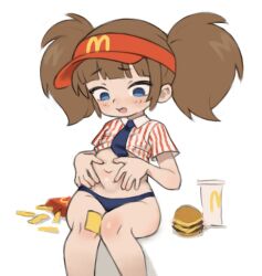 Rule 34 | 1girl, bandaid, bandaid on knee, bandaid on leg, blue eyes, blue necktie, brown hair, burger, collared shirt, imadake dabuchi tabemi, drink, employee uniform, fast food, fast food uniform, feet out of frame, female focus, food, french fries, invisible chair, mcdonald&#039;s, navel, necktie, no pants, open mouth, qtkat, shirt, short sleeves, sitting, solo, striped shirt, thighs, twintails, vertical-striped clothes, vertical-striped shirt, visor cap